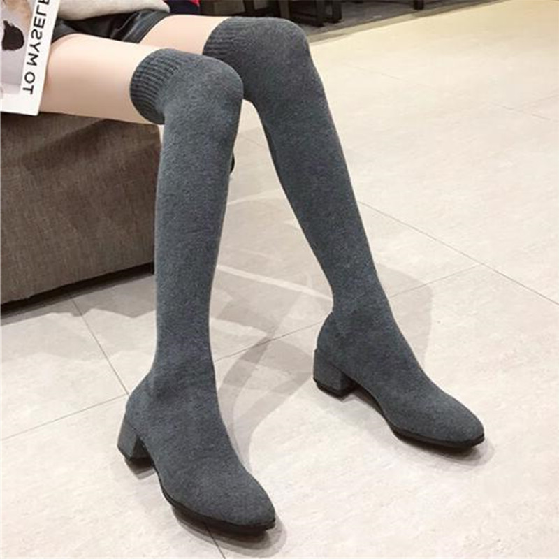 

Women Over The Knee Sock Boots Fashion Spring Autumn Stretch Long Boots Chunky High Heels Pointed Toe Women Shoes Black Gray 40