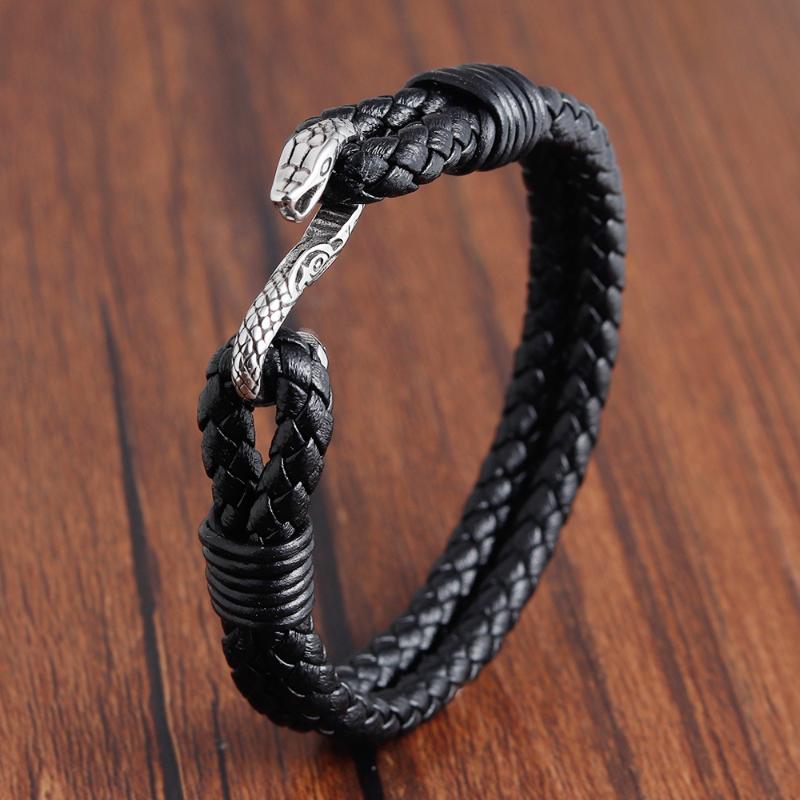 

Vintage Silver Color Snake Easy-Hook Leather Bracelets Men Viking Jewelry Black Braid Bracelet Charms Bangle New