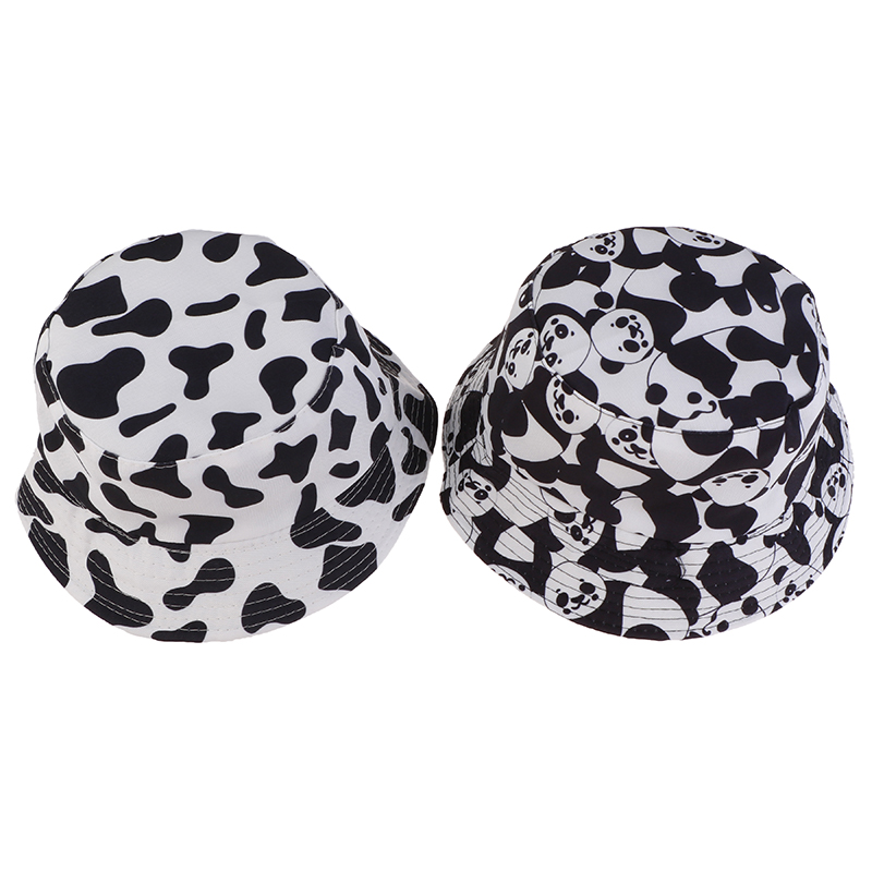 

Wide Brim Hats Fashion Double Face Black White Cow Pattern Bucket Fisherman Caps For Women Gorras Summer, N1