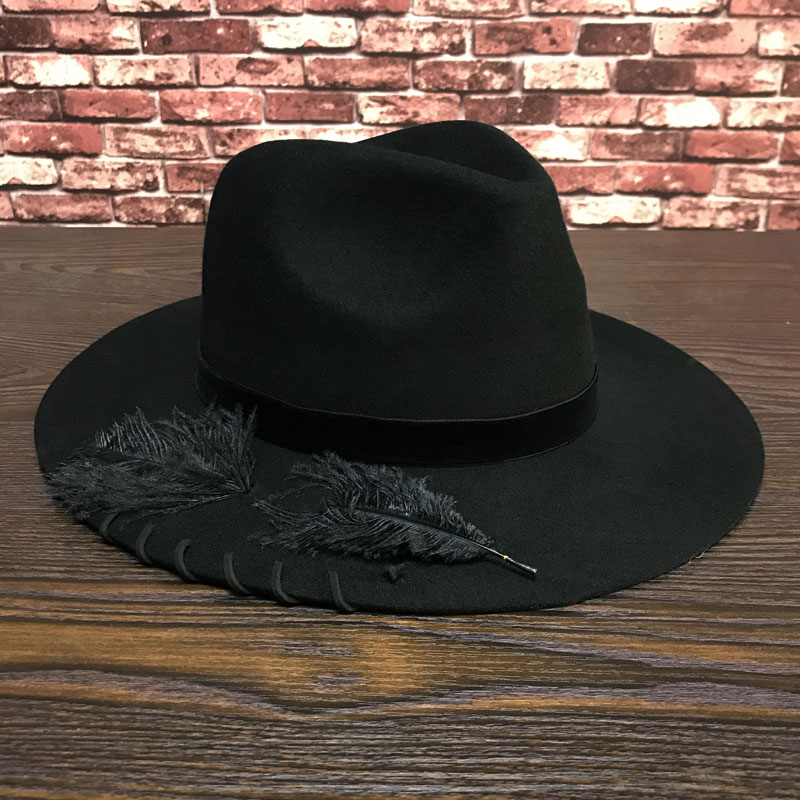 

Autumn and winter black wool felt with ostrich feather Personality stitching decorative Joker winter Panama hat knit Fedoras