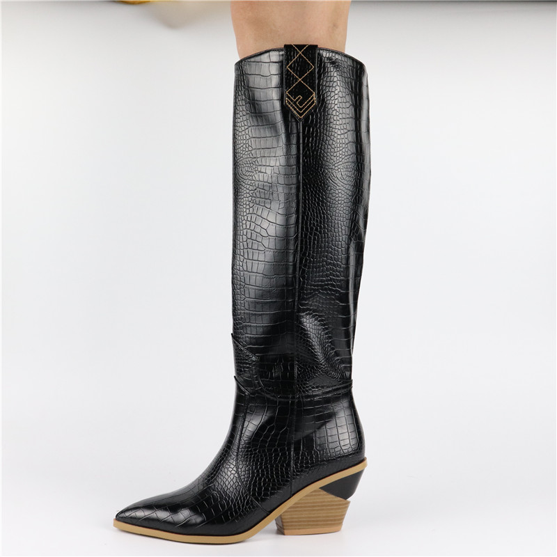 

2020 New Plus Size 34-46 Fashion Knee High Boots Women Pointed Toe Slip On Western Winter Boots Snow Knight Long Women, Black