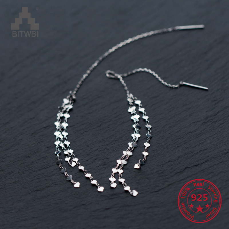 

925 Sterling Silver Fashion Dangle Hanging Rhinestone Long Drop Earrings Ear Line For Women Simple Snake Chain Tassel Jewelry