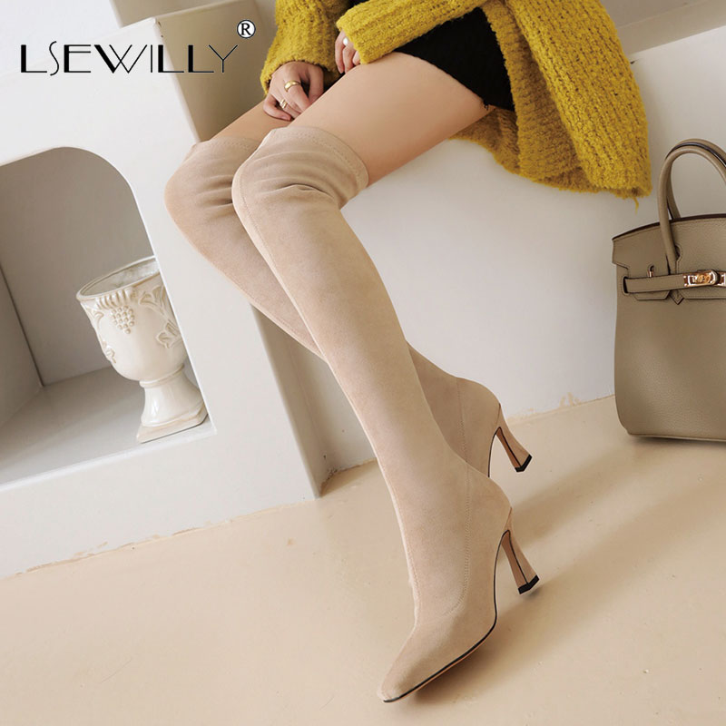 

Lsewilly Sexy Suede Stretch Thigh High Boots Women Square Toe Party Dress Lady Shoes Over The Knee Boots Autumn Winter, Mesh fabric black
