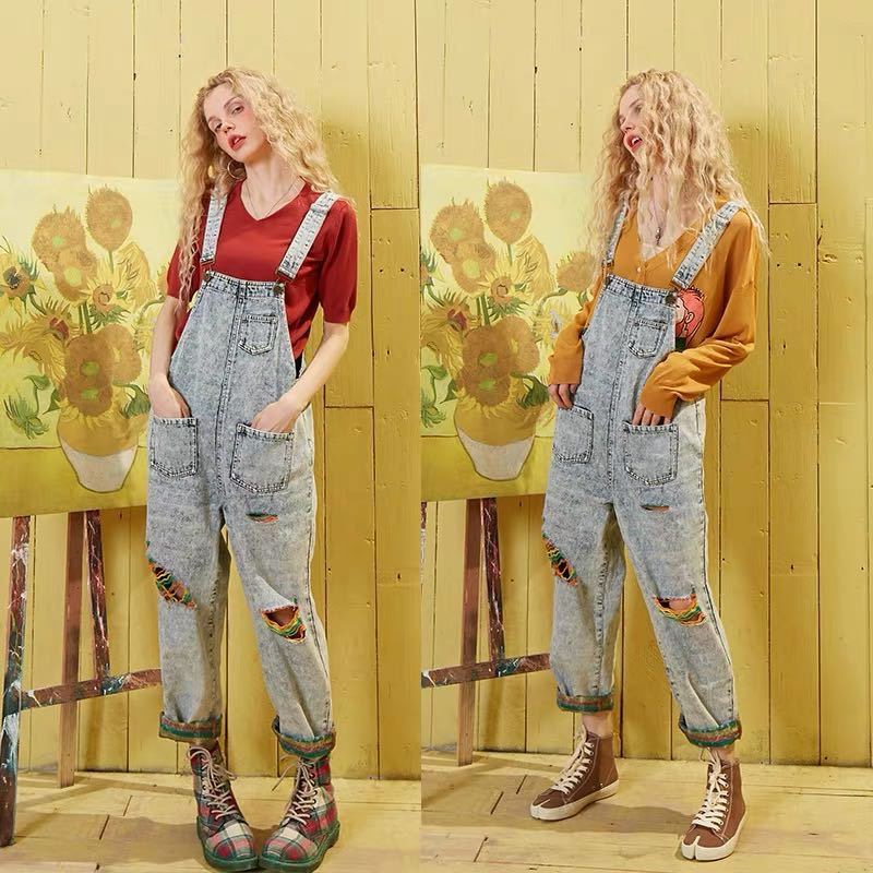 

Rainbow colored Jumpsuits Women Spring New Arrival Ripped Hole Fashion Denim Suspender Womens Korean Stylish Loose Chic, Blue