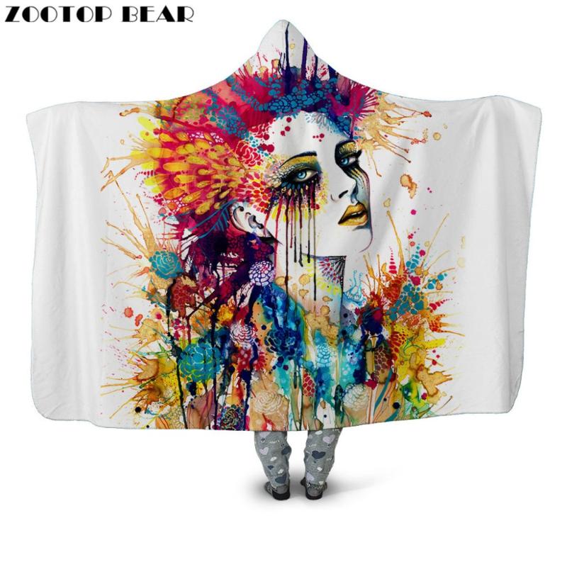 

2020 Fashion Color Ink Hooded Blanket Model 3D print Quilts Couple Anime Wearable Soft Fleece Blankets Brand Cloak Adult Bedding