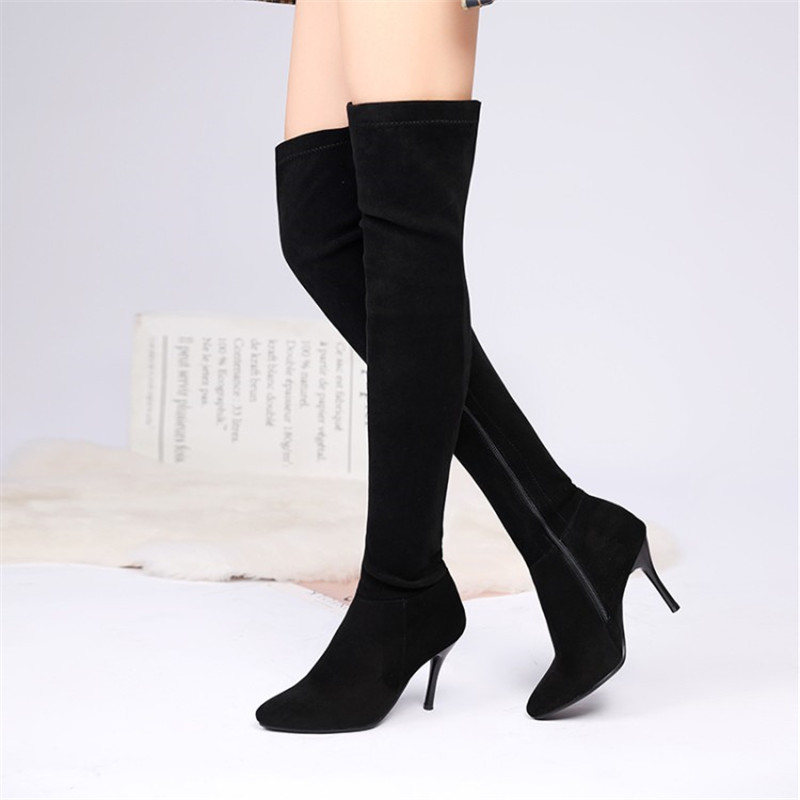 

PXELENA Sexy Elastic Women Stiletto Heels Over The Knee Boots Faux Suede Stretch Thigh High Boots Lady Winter Shoes Large Size, Black
