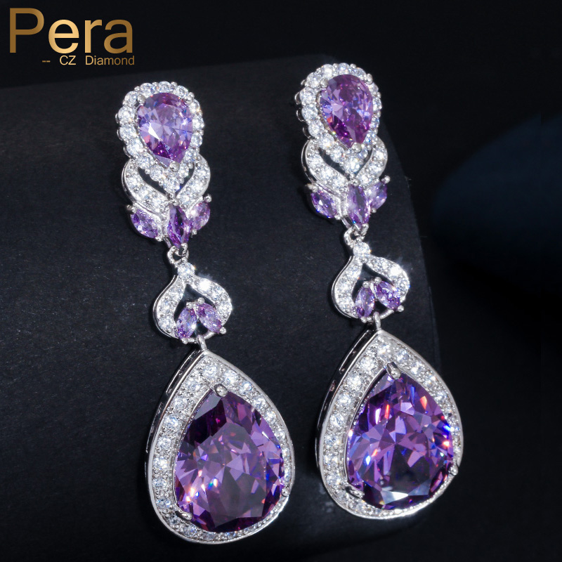 

Pera Women Party CZ Stone Silver Color Jewelry Big Pear Cut Drop Purple Long Dangle Cubic Zirconia Earrings E223