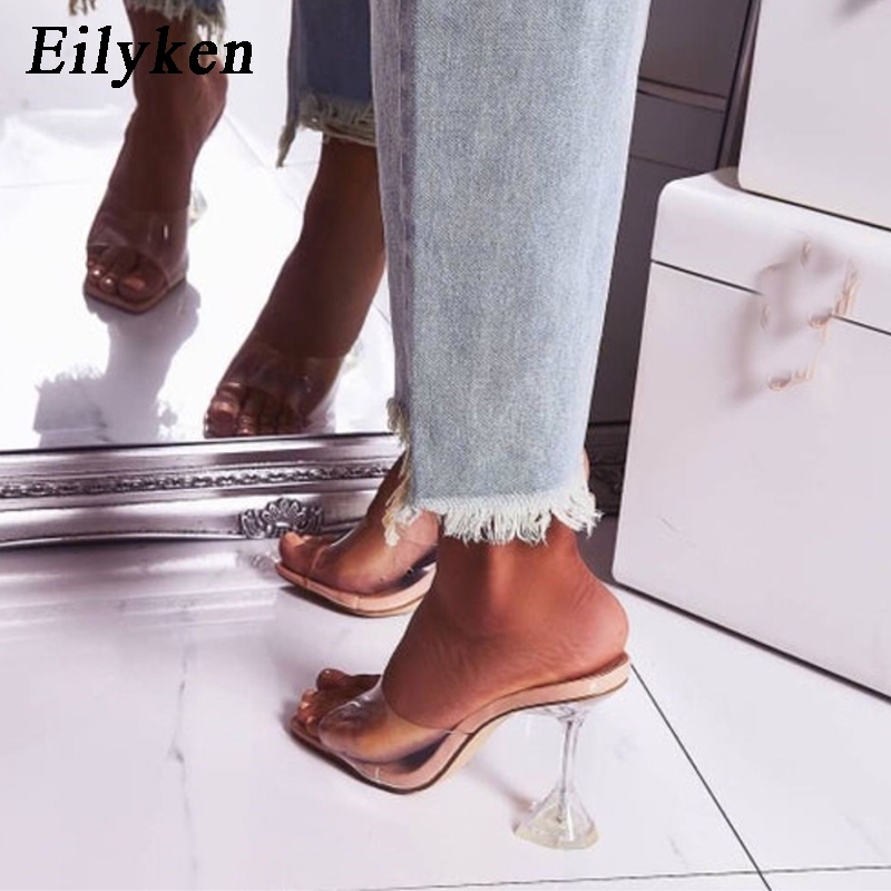 

Eilyken Orange Silver PVC Jelly Slippers Open Toe High Heels Women Transparent Perspex Slippers Shoes Heel Clear Sandals Size 42 Y200620, Apricot
