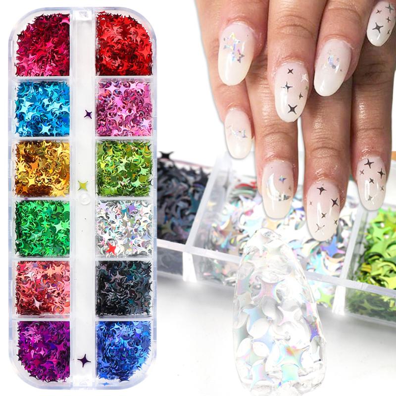 

12 Grids Star Holographic Nail Sequins Glitter Four-pointed Star Slice Sparkly Charm Flake Manicure Tips Nail Art Decors LY1819