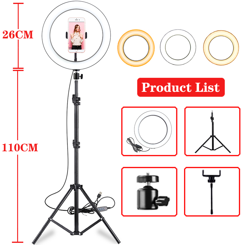 

10 Inch Led Ring Light Live Broadcast Photography Ringlight Lamp Hight Light with 110CM Tripod Stand for Photo Youtube Studio