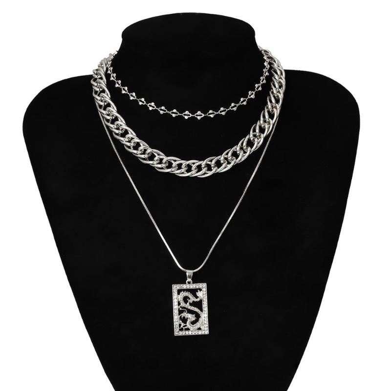 

2020 Personality Multi Layer Crystal Cross Dragon Pendant Necklace for Women Trendy Punk Long Chain Necklace Statement Jewelry