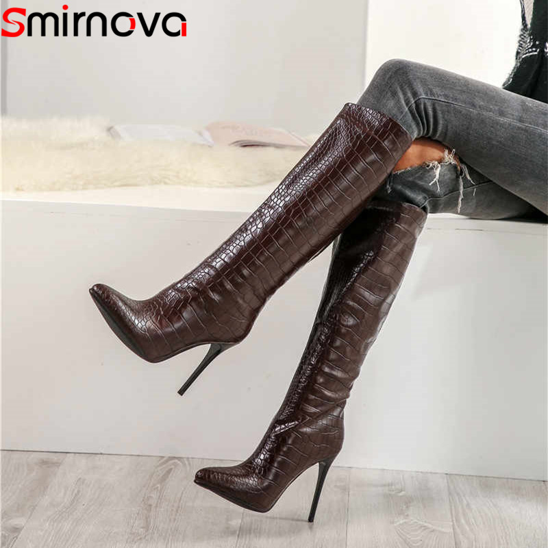 

Smirnova Plus size 34-43 New women boots stilettos high heels sexy pointed toe retro knee high boots slip on winter party, Black