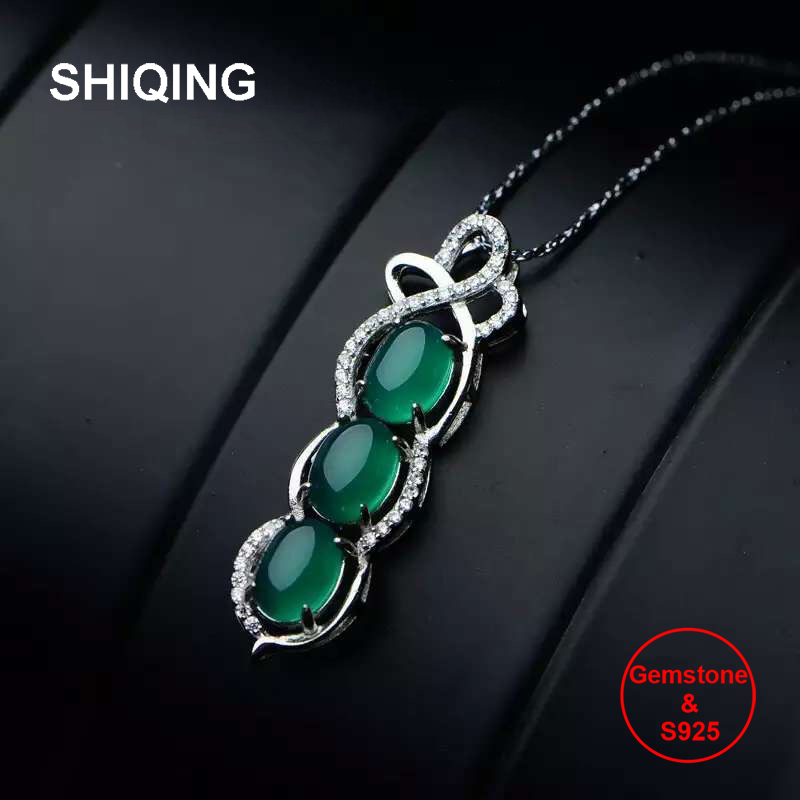 

SHIQING Real geomstone fine jewelry nature chalcedony 925 sterling silver green peas necklace for party