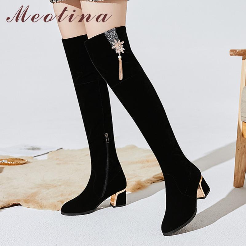 

Meotina Winter Thigh High Boots Women Crystal Thick High Heel Over The Knee Boots Zipper Round Toe Shoes Ladies Fall Big Size 43, Black