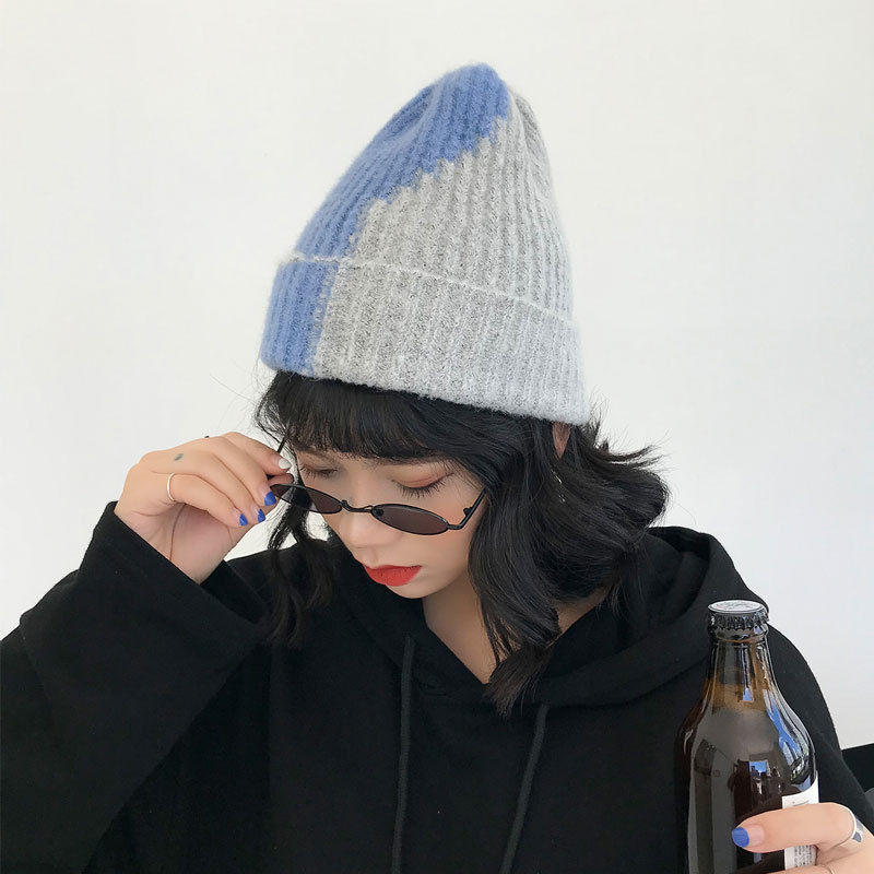 

Autumn/winter color matching woolen hat female Japanese couple wild warm mohair knitted hat simple student