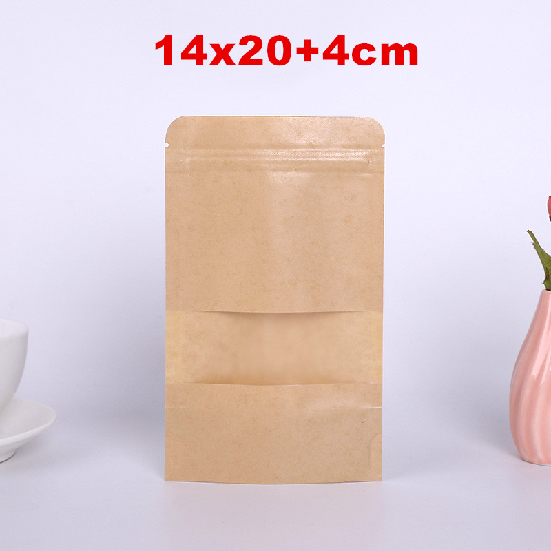 

14*20cm Kraft Paper Bag Stand Up Gift Dried Food Fruit Tea Packaging Pouches Kraft Paper Window Bag Retail Zipper Self Sealing Bags