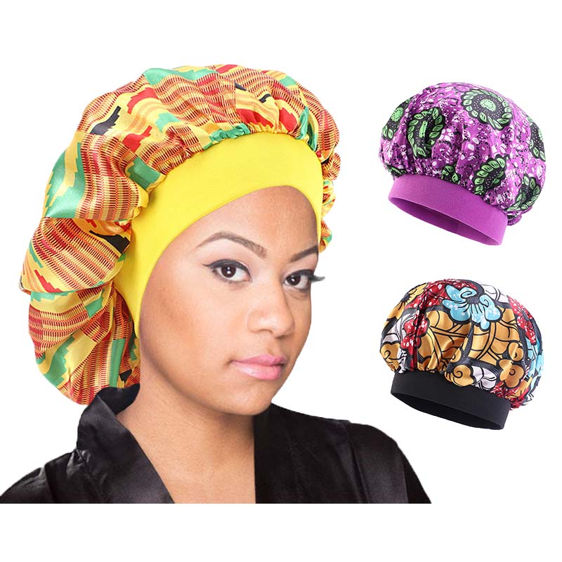 

African Printing Women Satin Bonnets Stable Elastic Band Headcover Night Sleep Caps Silky Turban Bonnet TJM-256H, Yellow