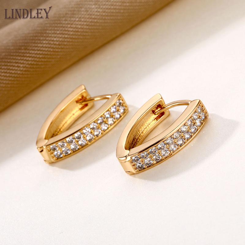 

Hoop & Huggie LINDLEY 2021 Gold Earrings For Women 585 Rose CZ Zircon Fashion V-shaped Fine Jewelry Wedding Party Retro