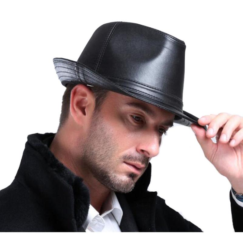 

LUCKYLIANJI Vintage England Style Faux Leather Hat Man Jazz Trilby Cap Fedora Outdoor Cap Fit for Men / Women ( 58cm, Black