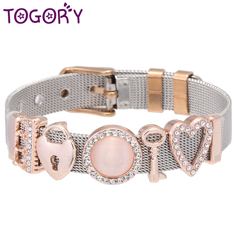 

TOGORY Couple Jewelry Crystal Charms Mesh Keeper Bracelets Key & Lock Beads Fine Bracelets for Women Bride Wedding Jewelry