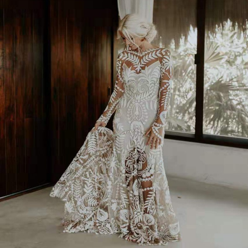 

UMK Vestido De Noiva 2020 Boho Wedding Dress Chic Lace Long Sleeve Beach Wedding Gowns Vintage Two pieces Wedding Dresses, Multi