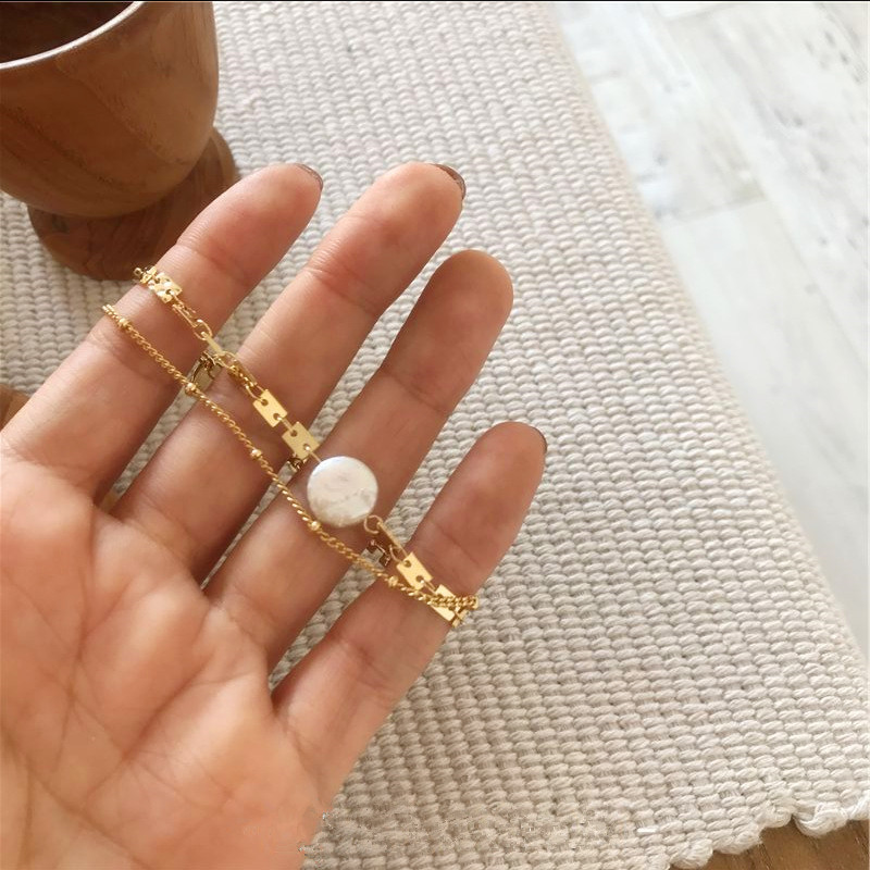 

FFLACELL 2020 Fashion Geometric Metal Chain Natural Pearl Bracelet Ladies Girl Party Travel Jewelry Gift