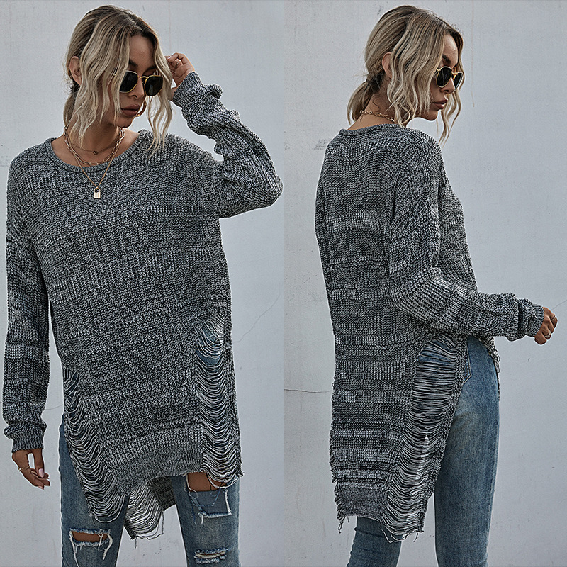 

Autumn / winter 2020 round neck perforated hollow Crochet sweater loose long sleeve knitted sweater for women, Gray