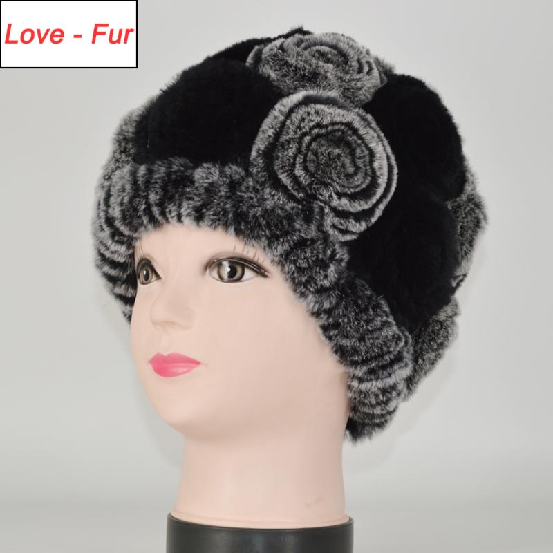 

New Women Good Elastic Flowers Real Rex Fur Hat Winter Knitted Floral 100% Natural Fur Hats Lady Fluffy Genuine Caps, Grey