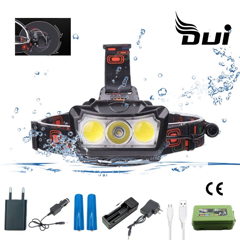 

DUI XML T6 + COB LED 3 powerful headlamp torch rechargeable headlight 18650 waterproof led head cap fishing lamp