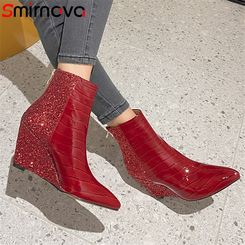 

Smirnova 2020 red newest party wedding shoes women ankle boots pointed toe genuine leather Sequins fashion wedges shoes ladies, Red not fur