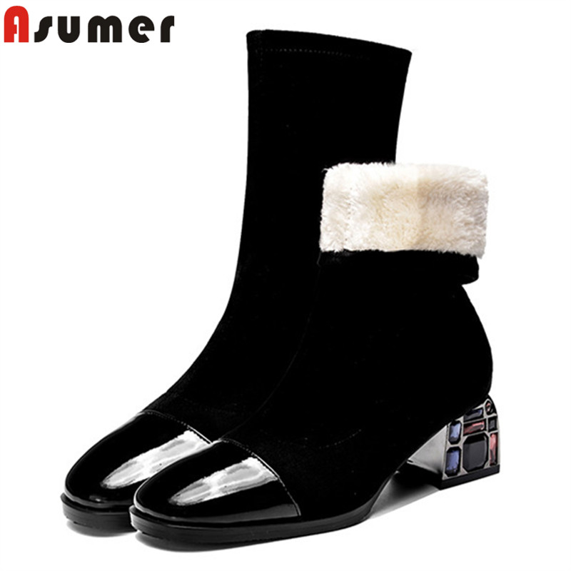 

ASUMER 2020 new arrival warm winter boots woman patent leather square heels crystal dress shoes fashio ankle boots women, Black