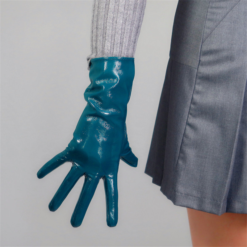 

SHORT LATEX GLOVES Faux Patent Leather 11" 28cm Shine Teal Peacock Blue Green Women Leather Gloves PU192