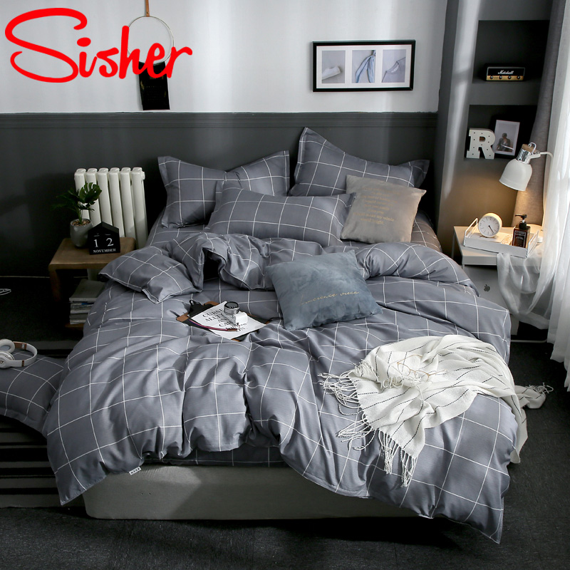 

Modern King Size Bedding Set Bed Linen Brief Plaid Print Duvet Cover Sets Single Double Queen Bedclothes Adult Kid Quilt Covers, Gray