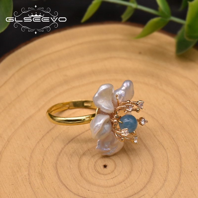 

GLSEEVO Natural Baroque Pearl 925 Sterling Silver Flower Rings For Women Adjustable Rings Handmade Luxury Fine Jewellery GR0266D