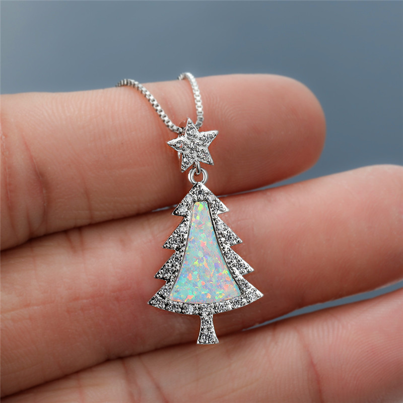 

Luxury Female White Opal Pendant Necklace Cute Star Crystal Chain Necklaces For Women Charm Bridal Tree Wedding Necklace, Silver