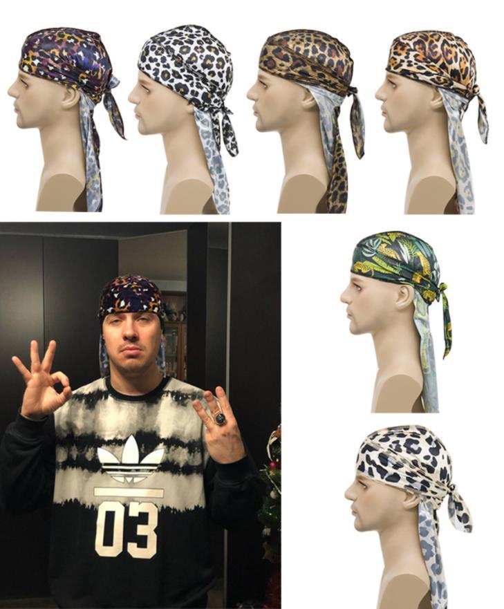 

New Silky Durags for Men and Women Fashion Designer Leopard printed Satin Wide Band Long tail Pirate hat Hip hop caps