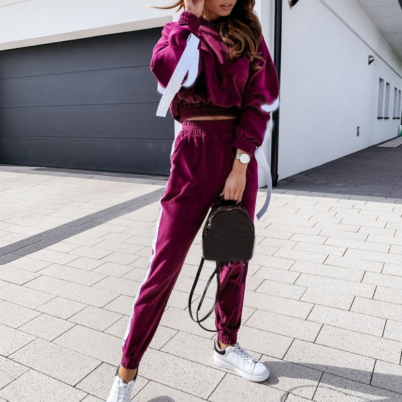 

2020 Two Piece Set Outfits Hoodies Tops and Long Pants Splicing Casual Sports Suit for Women Tracksuits Joggers Clothing, Red