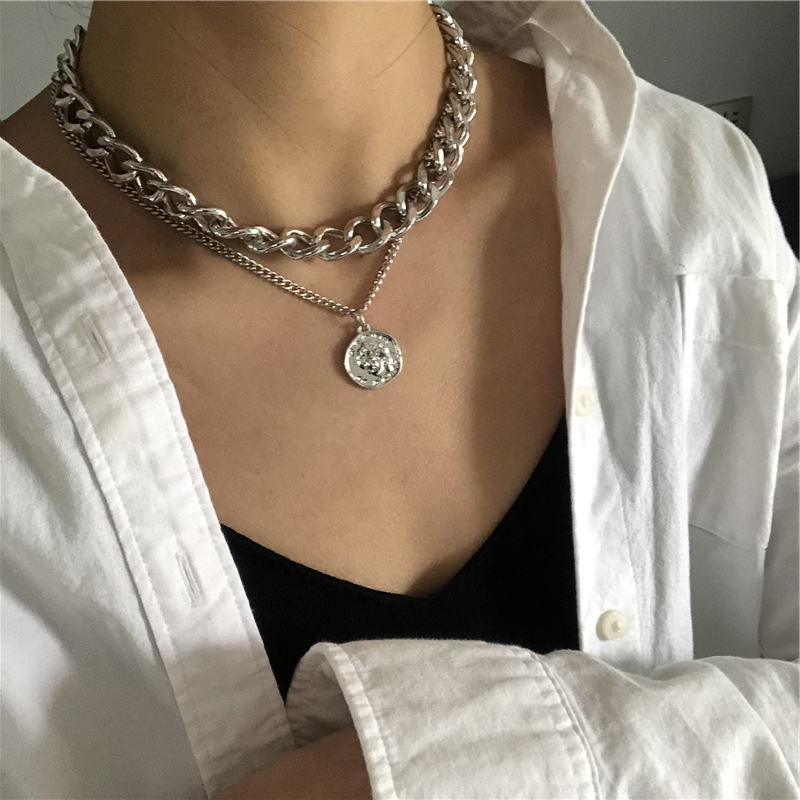 

KMVEXO INS Punk Hiphop Cuban Thick Chain Choker Necklace Sets for Women Vintage Carved Coin Portrait Pendant Necklace Jewelry