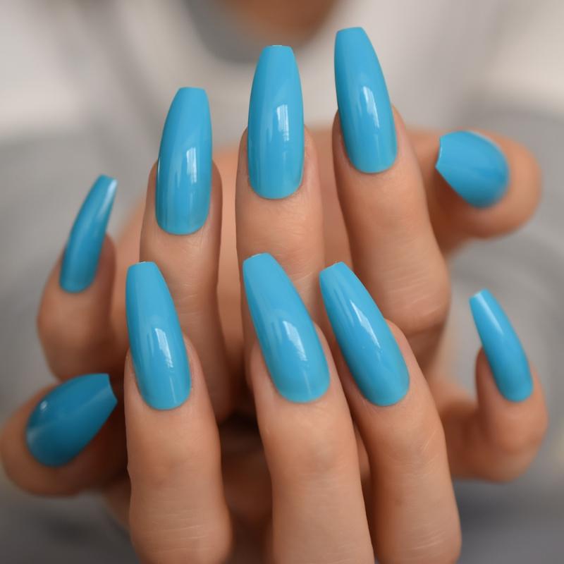 

24pcs Glossy Lake Blue Press on False Nails Extra Long Ballerina Coffin UV Gel Glue On Fake Fingersnails Extention Tool, L5650