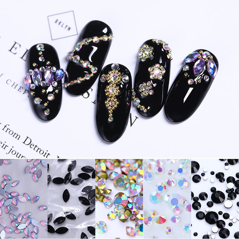 

Nail Art Rhinestones Black AB Colorful Crystal Stones Marquise Flat Back Mixed Size DIY Design 3D Nail Art Decorations Tips