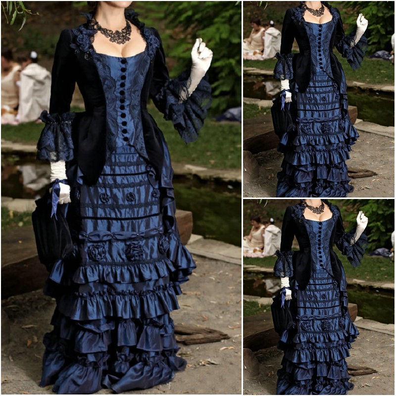

SC-463 Victorian Gothic/Vintage Dress Halloween Theater dress Custom made, Navy blue