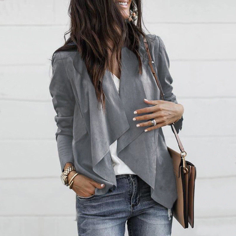 

Fashion Autumn Women Open Stitch Coat Long Sleeve Waterfall Ladies Cardigan Suede Coats Loose Asymmetric Casual Fall Jackets, Gray