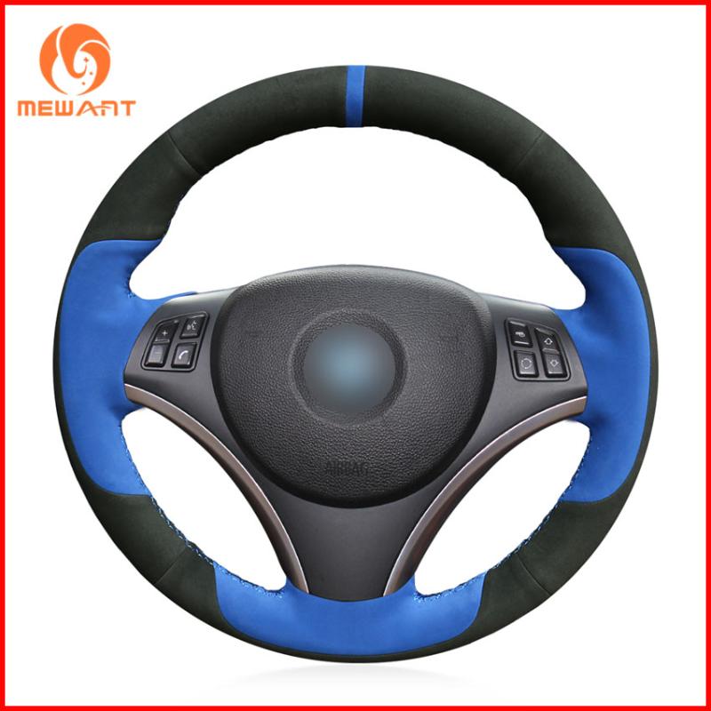

MEWANT Hand-stitched Blue Black Suede Car Steering Wheel Cover for E90 320i 325i 330i 335i E87 120i 130i 120d Accessories