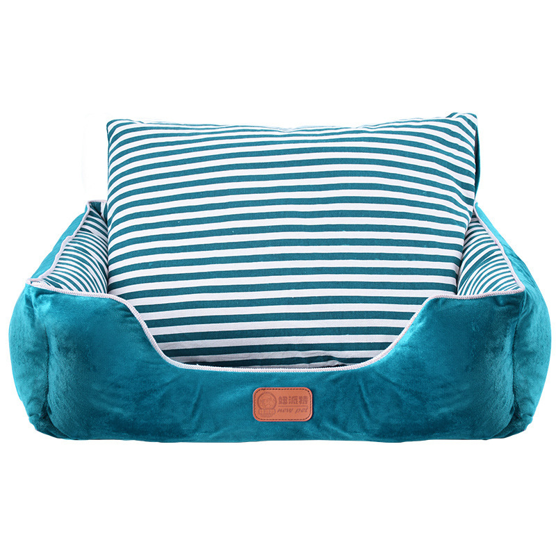 

High-quality Large Dog Bed Fully Removable Washable Square Pet Litter Doghouse Teddy Four Seasons Cat Bed House Pet Mat, Lake blue stripes