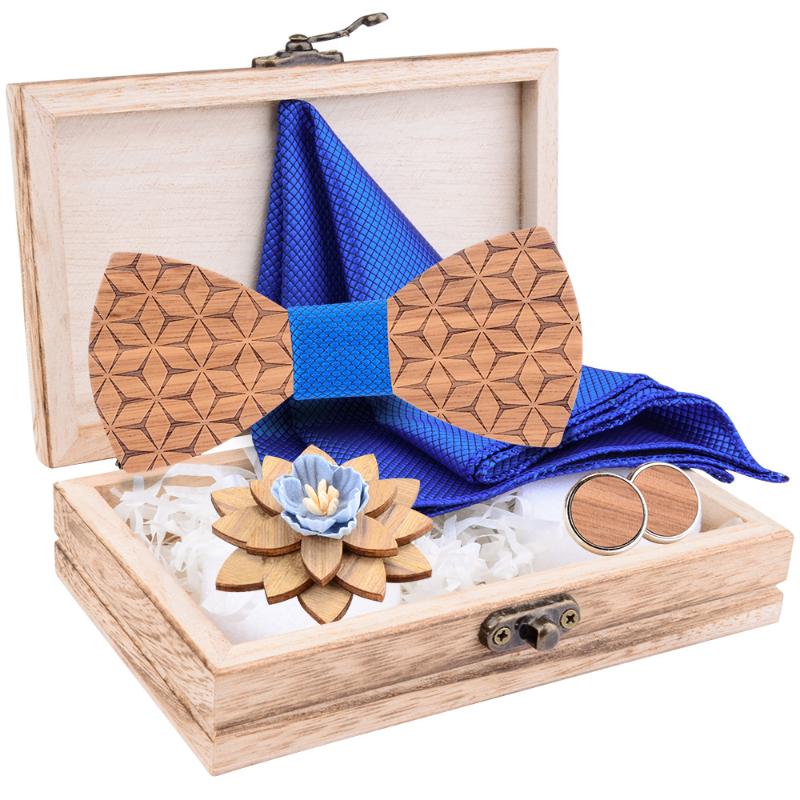 

New Fashion Mens Bow Tie Set Handkerchief Cufflinks Brooch Wooden Bowties And Box Suit Wedding Tie Accessoreis Gifts Gravata