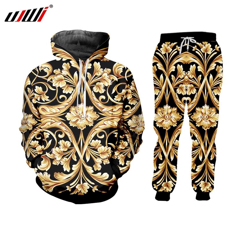 

UJWI brand 3D Print Men two piece set Gold Flower Luxury Royal Baroque Tracksuit Jacket Sweatsuit Sweatshirt Hoodies sports, Ttsh06749