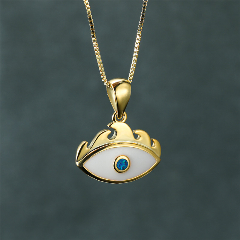 

Cute Female Blue Opal Pendant Necklace Charm Yellow Gold Chain Necklaces For Women Dainty Bridal Evil Eye Wedding Necklace