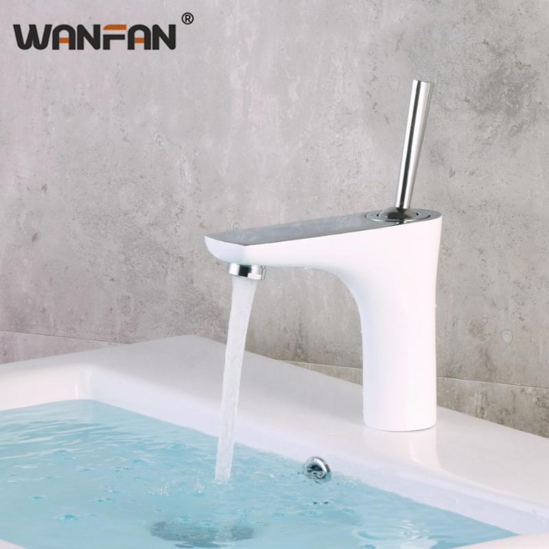 

Brass Elegant White Basin Faucet Bathroom Hot And Cold Water Mixer Tap Single Handle Bathroom Deck Mounted Sink Faucets F5657