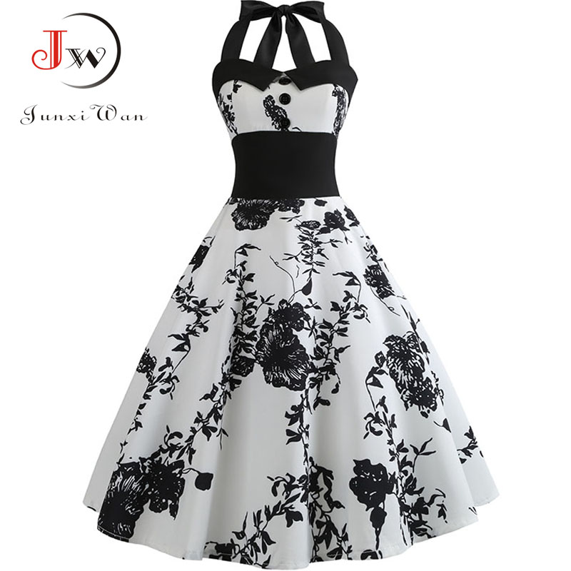 

Summer Dress Women Slim Halter Vintage Dress Print Floral Elegant Tunic Party Dresses Sundress Plus Size Rockabilly, Wq1031-004