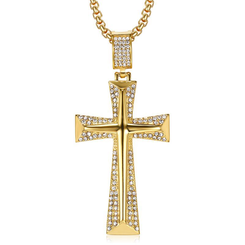 

Hip Hop Rhinestones Paved Bling Iced Out Stainless Steel Catholic Cross Pendants Necklaces for Men Jewelry Gold Silver Color